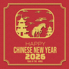 Red and gold vector illustration for Chinese New Year 2026 , featuring a golden horse and pagodas within a decorative frame, set against a background of traditional red wave patterns.