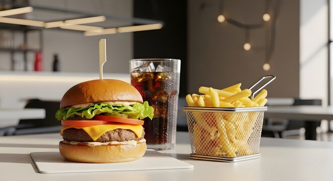 Classic cheeseburger, golden fries, and refreshing soda drink