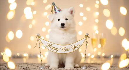 A fluffy white samoyed puppy wearing a party hat sits behind a banner that says happy new year, with bokeh lights in the background
