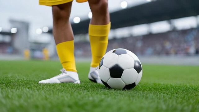 Closeup soccer kick sequence of player in yellow uniform on green field - Powered by Adobe