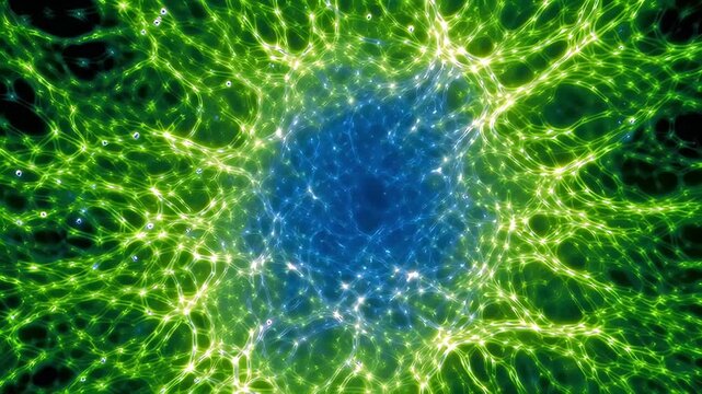 Fibroblast cell network neural tissue green membrane blue nucleus microscopic pattern glowing matrix biological structure cellular web luminous fibers scientific microscopy abstract organic dynamic