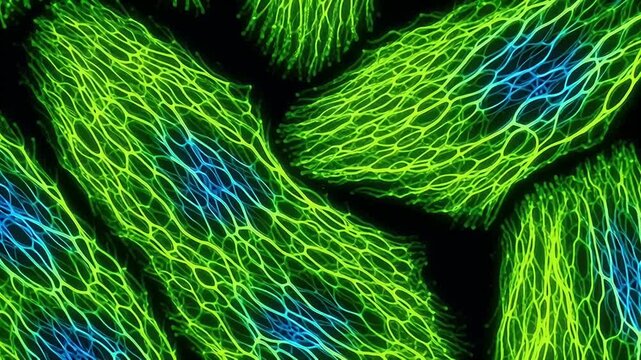 Fibroblast cell cytoskeleton fluorescence microscopy green filament network blue nucleus closeup scientific cell biology tissue sample pattern texture microscopic research