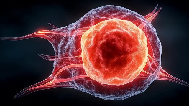 Fibroblast cell microscopy tissue regeneration healing anatomy biology medical research fibroblast cell microscopic anatomy glowing membrane extracellular matrix nucleus filament network dynamic