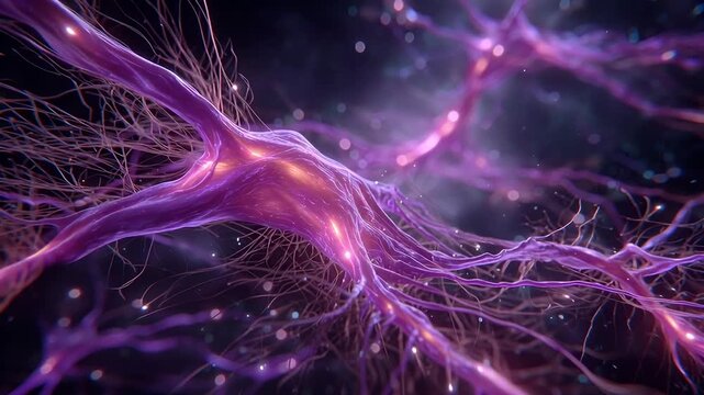Fibroblast cell purple network glowing microscopic biology neuron like structure scientific texture organic tissue cellular matrix vibrant lighting fibroblast cell purple neuron like network glowing