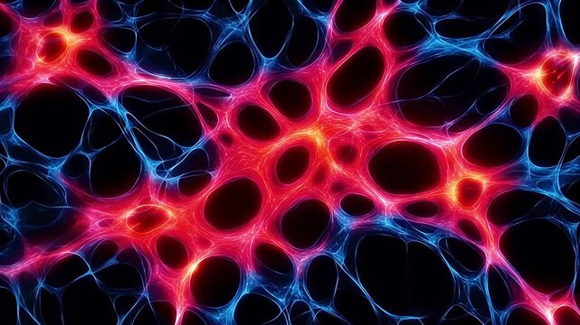 Glowing fibroblast network cell structure vivid red and blue with dark background conveying microscopic energy and organic texture neon network fibroblast cell tissue membrane filamentous web organic