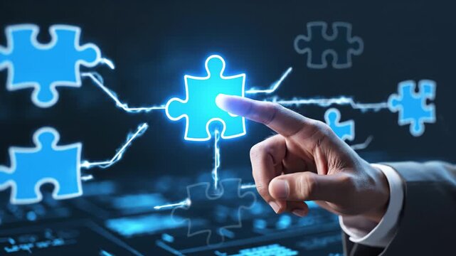 Hand Connects Glowing Blue Puzzle Piece in Digital Environment, Symbolizing Innovation and Problem Solving with Abstract Technology Elements Enhancing Connection and Creativity