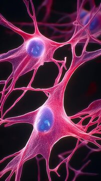 Pink fibroblast cell with nucleus visible connective tissue network showing delicate branching structure and subtle glow evoking microscopic biological beauty fibroblast cell neuron network pink