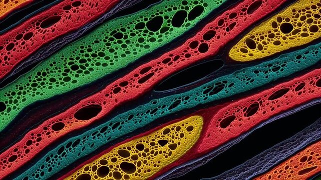 Colorful plant stem cross section fibroblast cell microscopic vascular porous pattern organic texture bright structure vibrant contrast evoking curiosity in detailed anatomical view
