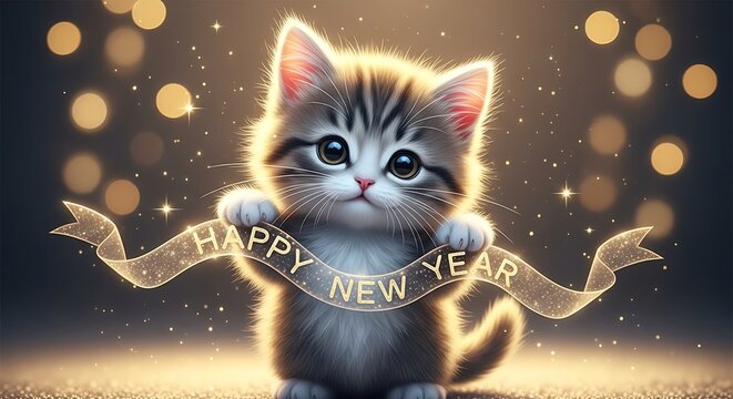 Adorable fluffy kitten holding a sparkling happy new year banner with bokeh lights in the background, celebrating the new year