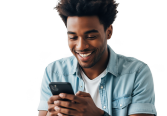 Young black man smiling while holding a smartphone isolated on transparent background