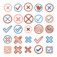 Assorted hand-drawn check and cross symbols in muted colors
