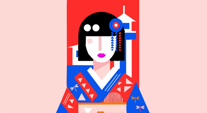 Elegant geisha portrait with traditional japanese elements in a modern geometric style