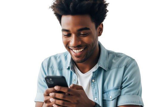 Young black man smiling while holding a smartphone isolated on transparent background - Powered by Adobe