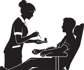 Nurse attends patient sitting in medical chair during blood donation procedure silhouette