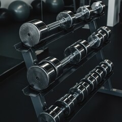 Obraz premium Rows of polished chrome dumbbells neatly arranged on tiered racks, ready for intensive physical conditioning and muscle building activities ,iron ,facility ,strength