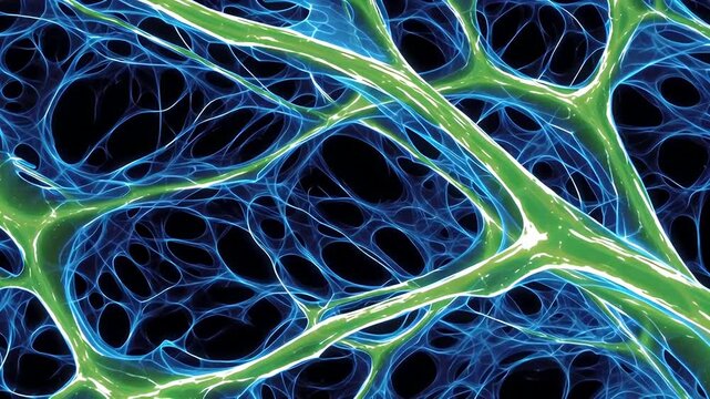 Fibroblast cell network extracellular matrix microscopic biology tissue membrane filament structure blue green web pattern tissue scaffold connective matrix filamentous science laboratory research