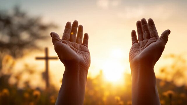 Hands raised in prayer at sunset near a cross in a peaceful outdoor setting