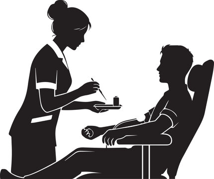 Nurse attends patient sitting in medical chair during blood donation procedure silhouette