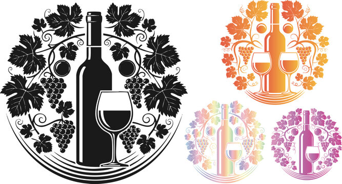 Elegant wine bottle and glass with grape vine design for sophisticated branding use