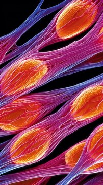 Fibroblast cell tissue scaffold extracellular matrix microscopic anatomy connective fiber network orange nucleus elongated spindle muscle fiber collagen strands vibrant scientific