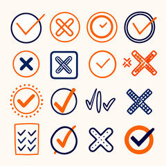 Hand-drawn checkmarks and crosses in orange and blue outlines
