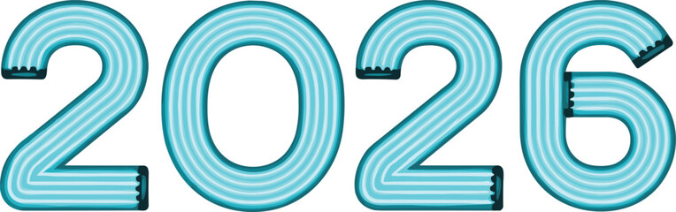 2026 typography illustration—glowing blue digits with striped neon effect and shadow, futuristic vector design for new year themes
