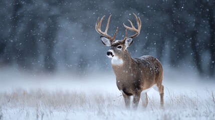 Naklejka premium Majestic animal standing gracefully amidst a snowy landscape, showcasing its stunning antlers and winter coat. The scene exudes a serene and peaceful atmosphere.