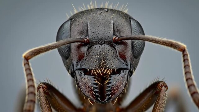 Closeup of ant head movements with detailed eye and mandible focus