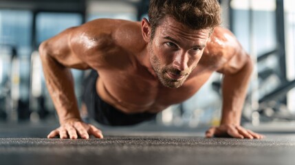 Obraz premium A muscular Caucasian man performs push-ups in a modern gym. He has short brown hair and a focused expression, showcasing strength and determination.