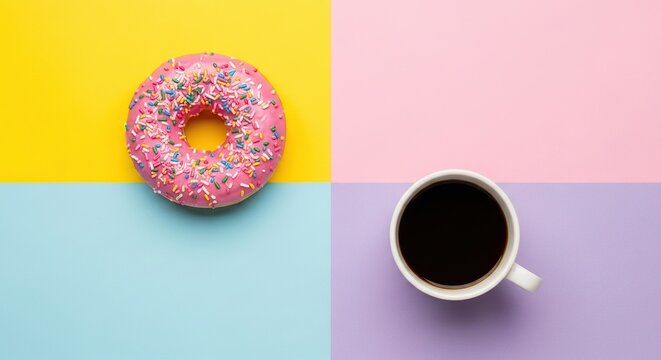Pink frosted donut with colorful sprinkles next to a cup of black coffee on a split background