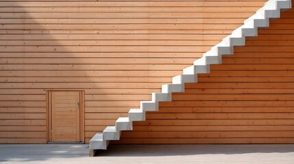 Fototapeta premium Contemporary architectural design showcases a rising concrete staircase alongside a warm toned wooden slatted exterior wall complemented by a discreet wooden door and bright daylight