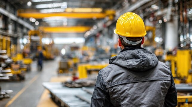 Focused factory worker wearing a yellow protective helmet. The industrial background blurred. The worker is seen from behind, inspecting the manufacturing plant. Safety first!