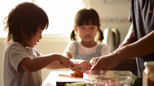 Family teamwork in kitchen: Father and children preparing healthy meal together, promoting