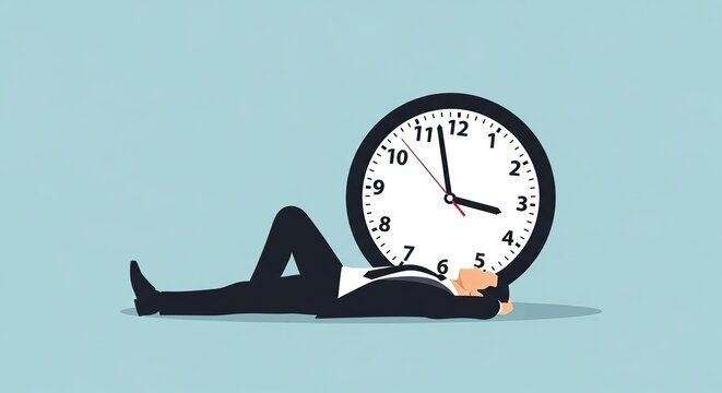 Man in a suit lying down next to a large clock, symbolizing time management or procrastination