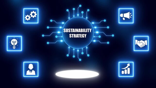 Digital concept of sustainability strategy with interconnected icons and glowing central hub environment