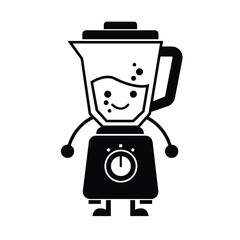 Black and white mascot icon of a kitchen blender with a happy face on its pitcher, symbolizing healthy cooking and food.