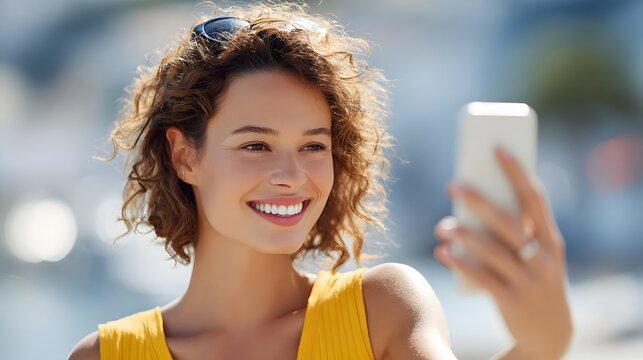 A cheerful young woman with curly hair takes a selfie outdoors on a sunny day holding a smartphone and wearing sunglasses - Powered by Adobe