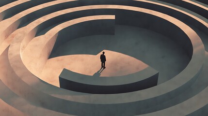 spiral maze surrounding a human shape, representing looping anxious thoughts, soft shadows, surreal minimalism, subtle texture, 