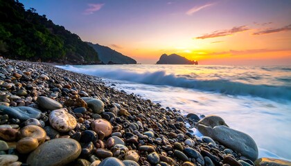 Scenic Pebble Beach at Sunset - A Tranquil Coastal Landscape.