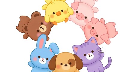 Naklejka premium Cute cartoon farm animals including a chick, pig, bear, rabbit, dog, and cat arranged in a circle isolated on white background