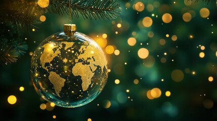 Christmas World Map Globe Ornament Ball in Gold and Green Colors