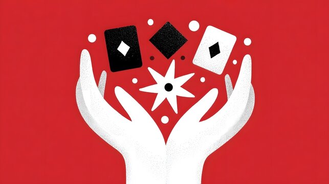 A conceptual illust n featuring white cupped hands holding and revealing a mix of abstract magical elements like playing cards with diamond suits and a starburst pattern on a bold red backdrop