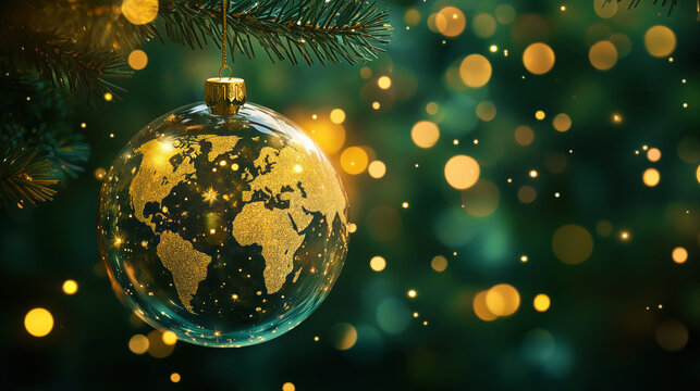 Christmas World Map Globe Ornament Ball in Gold and Green Colors