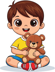 Cute cartoon boy with big brown eyes sitting cross-legged and hugging a brown teddy bear, smiling warmly, perfect for themes of childhood, comfort, love, bedtime, or playful innocence.