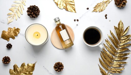Autumnal Still Life with Candle, Drink, and Golden Leaves.