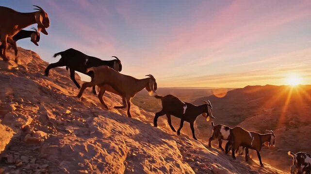 Group of wild horses gallops across a mountain ridge at sunset, snow and warm light blending together. Majestic freedom, nature power, and cinematic landscape motion.
