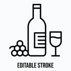 Wine Bottle with Glass and Grapes Elegant Celebration Drink Isolated Lineal Vector Icon, Editable Stroke.