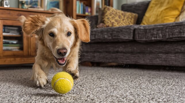 Golden retriever pup charging forward, eyes locked on a tennis ball. Paws outstretched, it's a playful sprint across the carpet in a cozy living room.