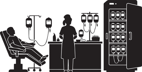Silhouette of patient receiving blood transfusion with medical staff and blood bags in clinic setting