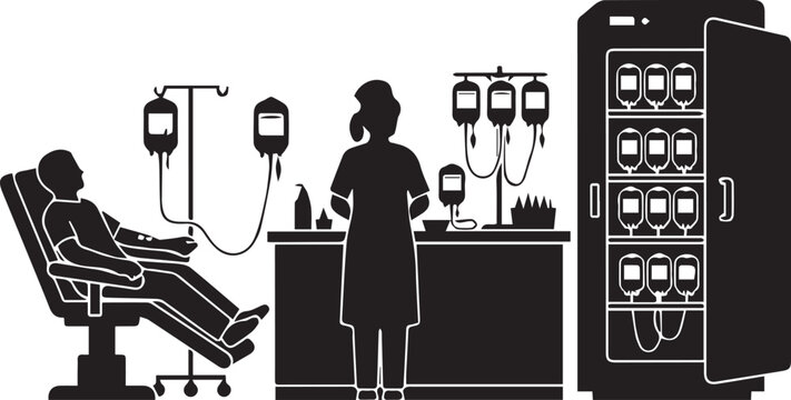 Silhouette of patient receiving blood transfusion with medical staff and blood bags in clinic setting